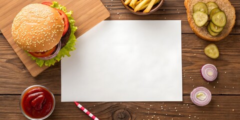 A prepared burger sits on a wooden surface with lettuce, tomatoes, and pickles alongside a bowl of fries and condiments. Blank paper is positioned for notes or order details.