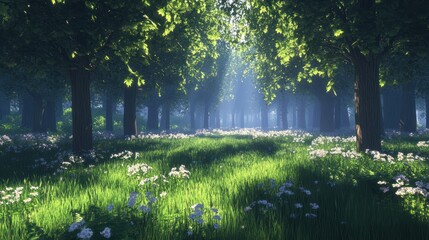 Mystical Forest Meadow Bathed in Sunlight Filtering Through Tree Canopy