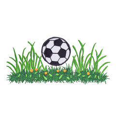 Fototapeta premium A soccer ball rests on lush green grass with small yellow flowers, creating vibrant and playful scene. black and white ball contrasts with greenery, evoking sense of outdoor fun