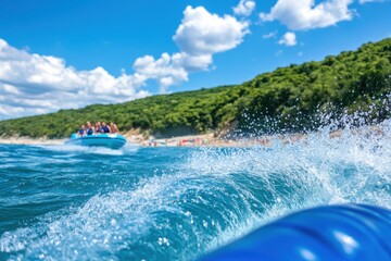 Boat speeding on blue water, with splashing waves in foreground, inflatable boat with people in background.