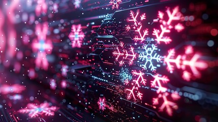 Cyberpunk winter banner, with neon snowflakes and futuristic cityscapes glowing against a dark, high-tech backdrop  HD 8K wallpaper Photographic Image
