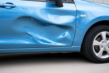 Large dent and damage on blue car door, after a collision or accident.