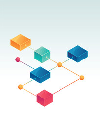 Isometric vector illustration visualizing a complex data transmission network in soft pastel shades.
