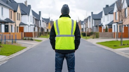 A man in a safety vest stands in the middle of a residential street, looking at identical houses lining both sides of the road.