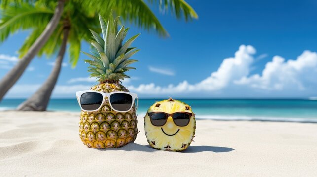 Two pineapples, one whole and one sliced, wearing sunglasses on a sunny beach.