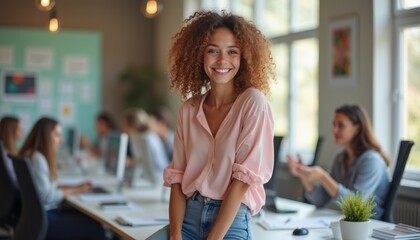 A cheerful young woman with curly hair stands confidently in a bright office, radiating positivity. Behind her, colleagues engage in lively discussions, creating a dynamic atmosphere of collaboration