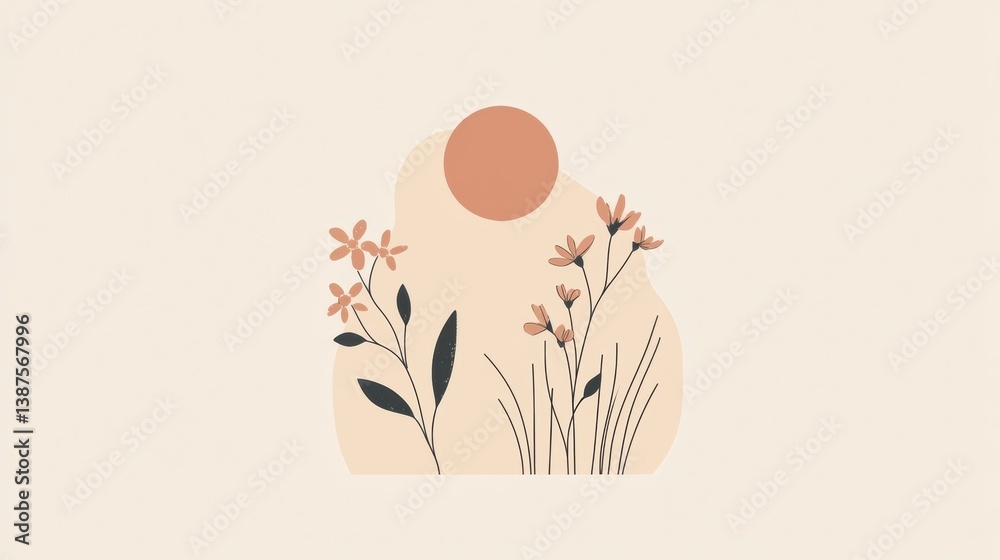 Poster floral logo design features a stylized sun and blooming flowers on a soft pastel gradient background