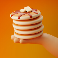 Cartoon hand holding pancakes with maple syrup and butter isolated over yellow background. 3D rendering.