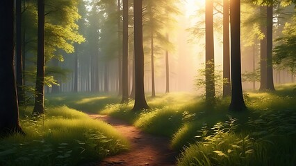 Obraz premium Sunlit Forest Path: Misty Morning Trail