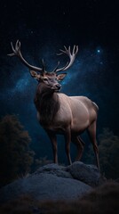 Majestic elk standing on a rock under a starry night sky backdrop.