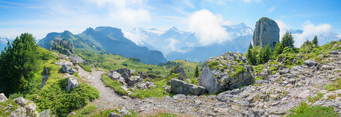 stunning alps view at lookout point Daube mountain, Bernese Oberland. hiking round trail Schynige...