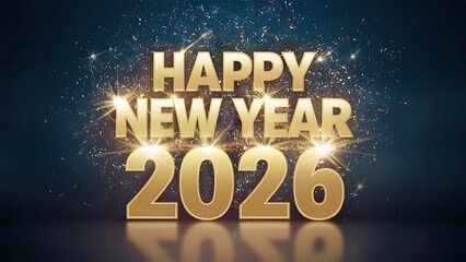 colorful confetti “Happy New Year 2026” in bold font. gradient dark blue background, festive and joyful