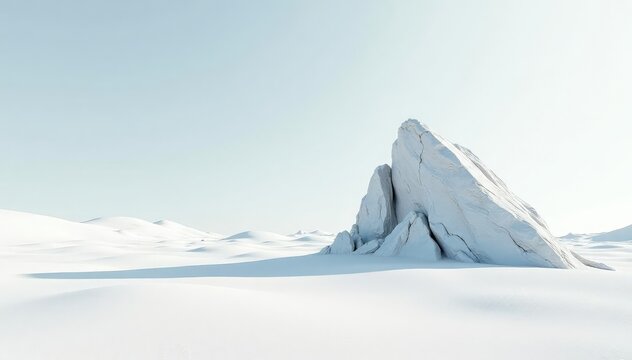 An isolated rock formation amidst a barren white terrain, solitude, bleakness