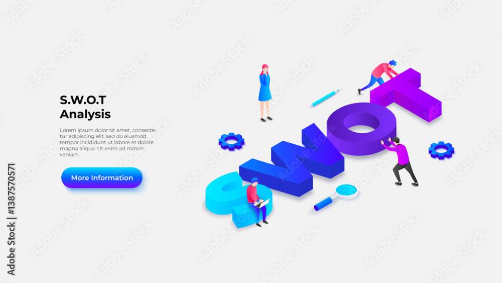 Poster a modern visual depiction of swot analysis with colorful 3d letters and people engaging, symbolizing