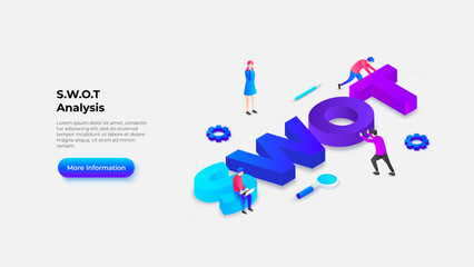 A modern visual depiction of SWOT analysis with colorful 3D letters and people engaging, symbolizing planning, strategies, and business growth