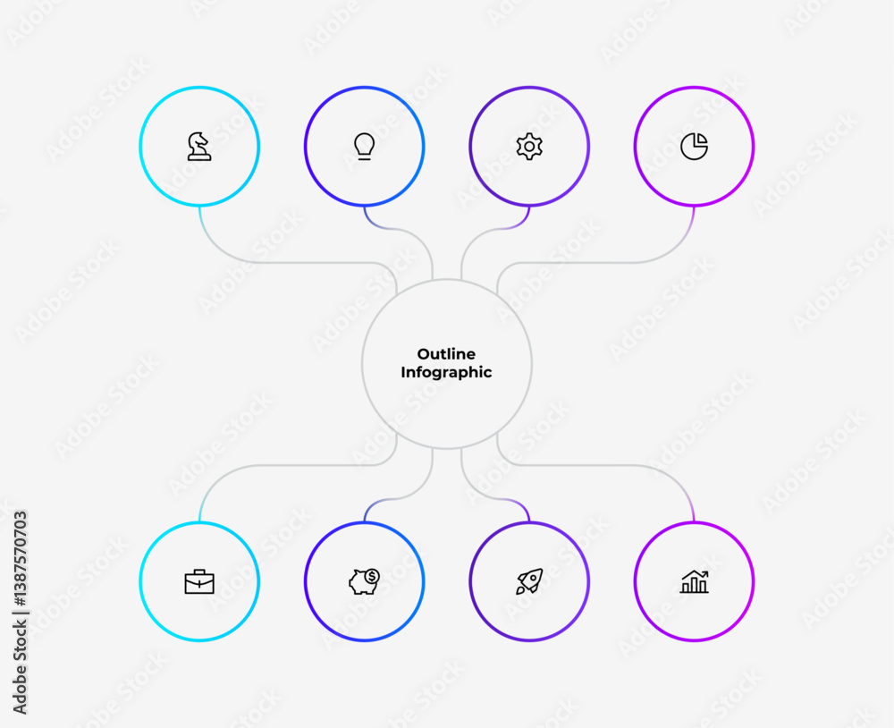 Poster Minimalistic infographic with connected 8 circular nodes forming a diagram, displaying various business and strategy related concepts through icons