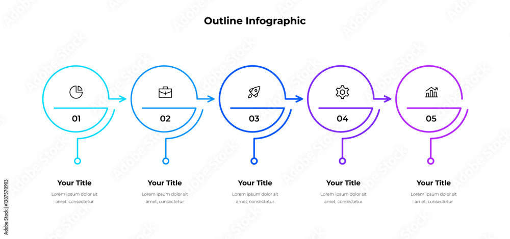 Poster Outline infographic design displaying five sequential steps with icons and vibrant colors, suitable for business, marketing, or presentation purposes