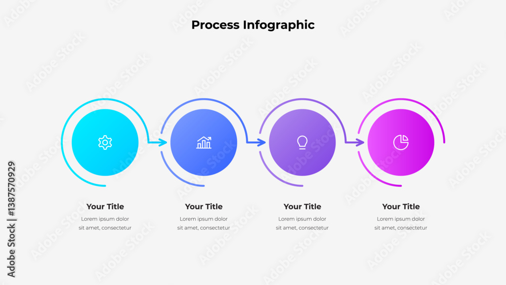 Poster Colorful infographic design showcasing four circular steps with icons and text elements, ideal for visualizing processes or workflows