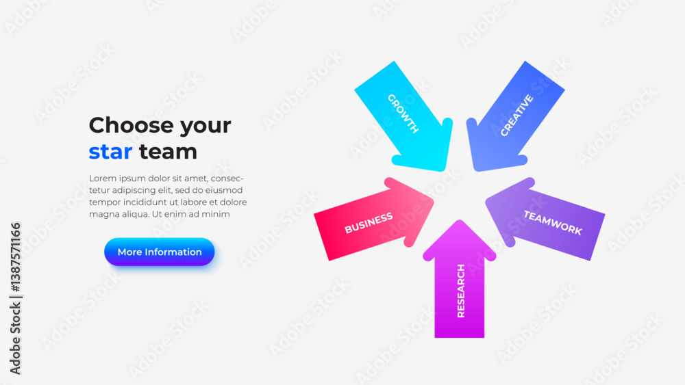 Poster star diagram highlighting business growth and teamwork concepts with 5 colored arrows