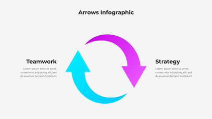 Creative infographic featuring two colorful arrows forming a circular shape, symbolizing connections between teamwork and strategy. Useful for business presentations or workflow processes