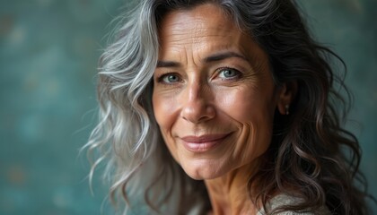 Fototapeta premium Smiling senior woman with gray hair, wrinkles. Happy mature female portrait. Anti-aging, skincare, health concept. Beautiful elderly woman with radiant look.