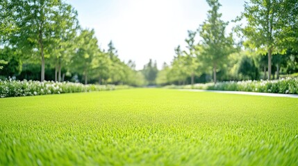 Obraz premium Lush green lawn stretches through a park-like setting. Healthy grass, vibrant trees, and a gentle pathway create a serene ambiance