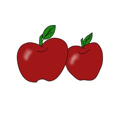 The image shows two red apples with green leaves on their stems. The apples are shiny and placed side by side on a plain white background.