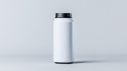 Blank white aluminum beverage can mockup.  A sleek, modern, blank white aluminum beverage can with a black lid is centered on a plain gray background.
