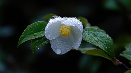 Delicate white flower covered in raindrops, showcasing vibrant green leaves