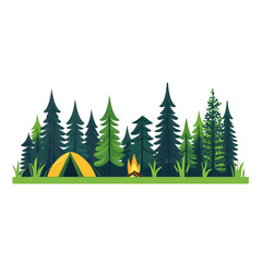 A serene camping scene with yellow tent and campfire surrounded by lush green pine trees, evoking sense of adventure and tranquility in nature