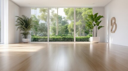 Fototapeta premium Modern, bright, minimalist interior with large windows showcasing a lush garden