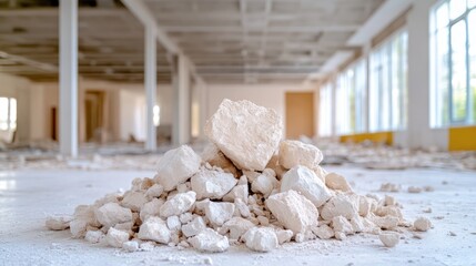 Pile of demolition debris in an empty office space
