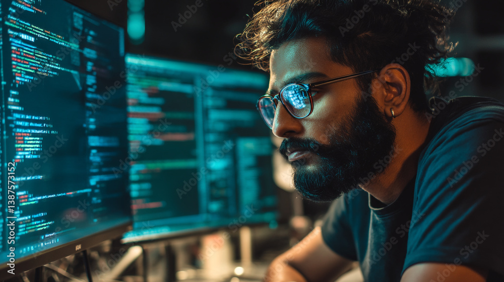 Poster man with glasses looking at code on computer screens in a dimly lit room with a focused expression