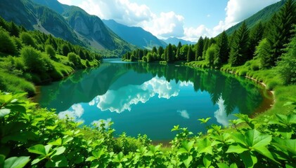 Circular lake surrounded by lush green vegetation, natural, summer, ecology