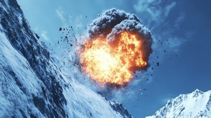 Explosion in Snowy Mountain Landscape with Debris and Dramatic Sky