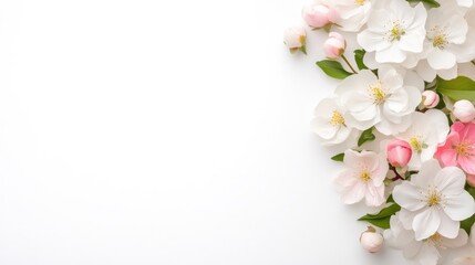 Delicate spring blossoms arranged on white background.  Soft pink and white flowers, buds, and leaves create a fresh, floral design
