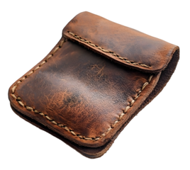 vintage leather worn billfold compact wallet leather craft men's wallet stitched leather png isolated in white.