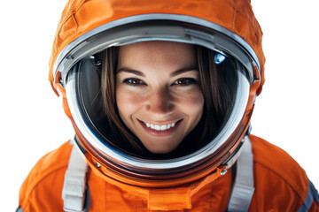 Front view portrait of a cheerful American female astronaut