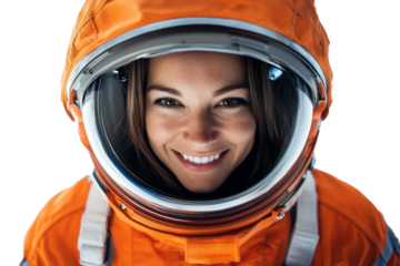 Front view portrait of a cheerful American female astronaut