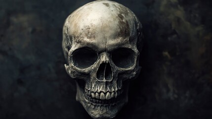 Detailed Human Skull on Dark Texture Background for Halloween Concept