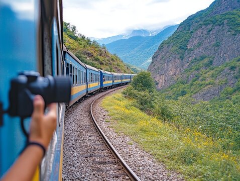 Photo of a traveler recording a scenic train ride through the mountains in vertical mode