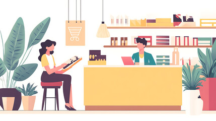 Fototapeta premium New customer exploring a product catalog with a store assistant in a relaxed setting 