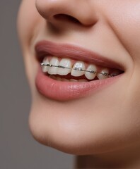 person's smile with metallic dental braces installed on the teeth. 