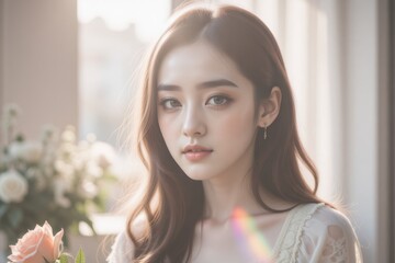 Naklejka premium Elegant Asian Woman with Flowers in Soft Light: Portrait of Serenity and Beauty for Lifestyle and Wedding Themes