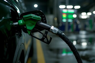 Close-Up of Fuel Pump Nozzle at Gas Station with Reflections and Blurred Lights in Background
