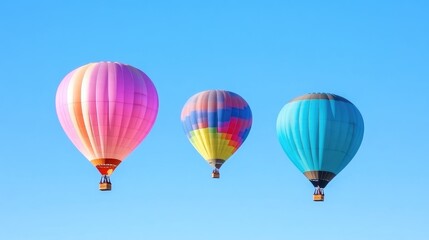 Fototapeta premium Three hot air balloons float against a clear blue sky. A large pink balloon leads, followed by smaller multicolored and teal balloons. The image is sharp and well-lit, exhibiting a cheerful aesthetic