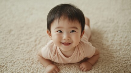 Infant smiling on soft carpet home portrait cozy close-up