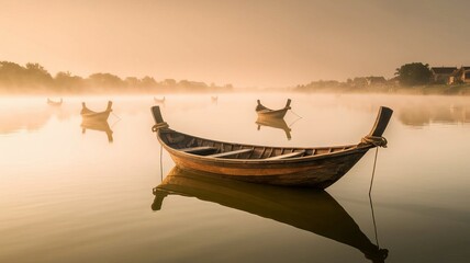 Tranquil Sunrise Scene with Traditional Wooden Boats Floating on a Misty Lake, Reflecting Perfectly in Calm Waters, Capturing a Serene Morning Landscape Ideal for Nature and Travel Themes