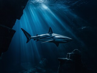 Obraz premium Lone shark swimming through sunlit ocean waters near rock formations.