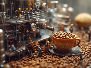 Hyper-realistic miniature scene of tiny workers operating a coffee bean factory with steampunk-style machinery, rich textures and intricate industrial storytelling